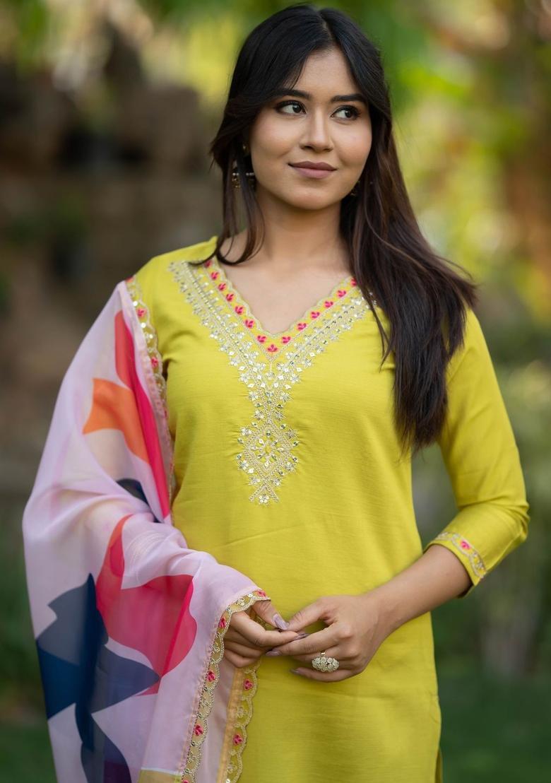 Lime Green Yoke Design Viscose Kurta Set - Indya