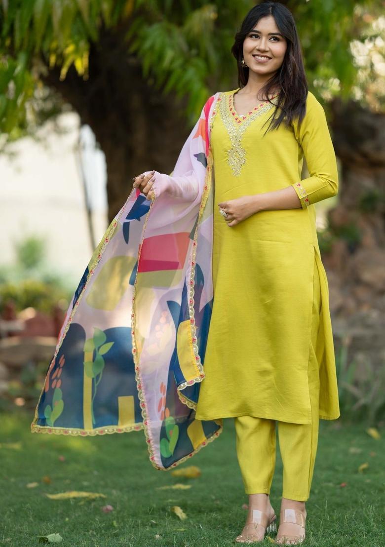 Lime Green Yoke Design Viscose Kurta Set - Indya