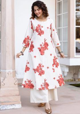 Off White Printed Cotton Kurta Set