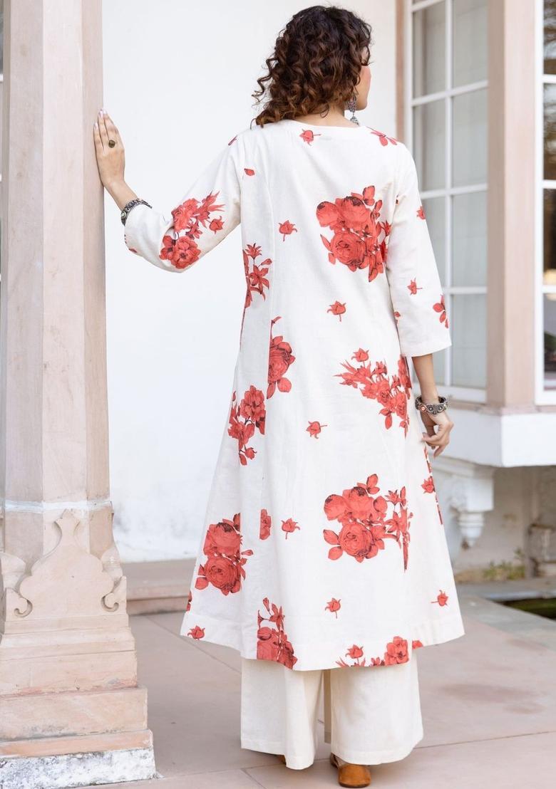 Off White Printed Cotton Kurta Set - Indya