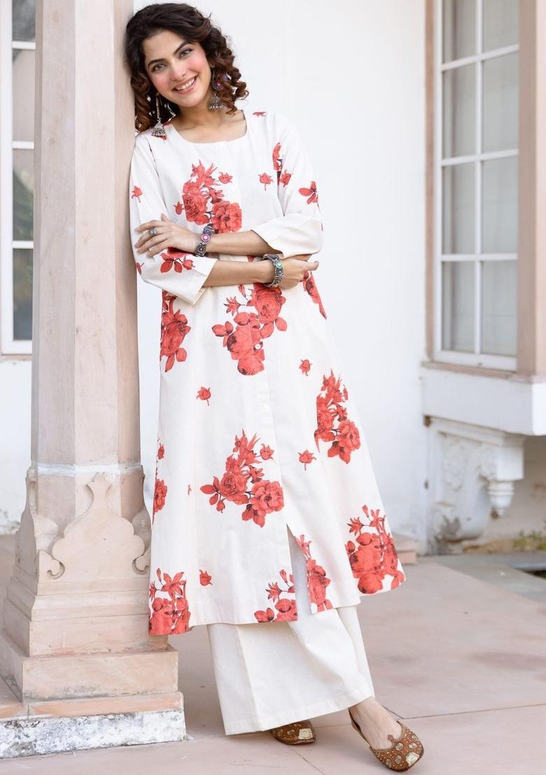 Off White Printed Cotton Kurta Set - Indya