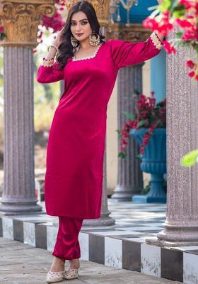 Pink Solid Velvet Kurta Set