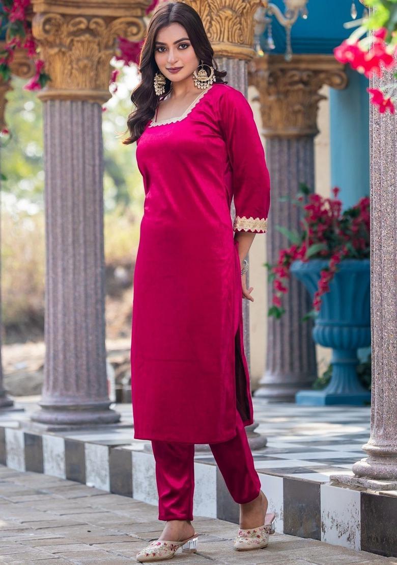 Pink Solid Velvet Kurta Set - Indya