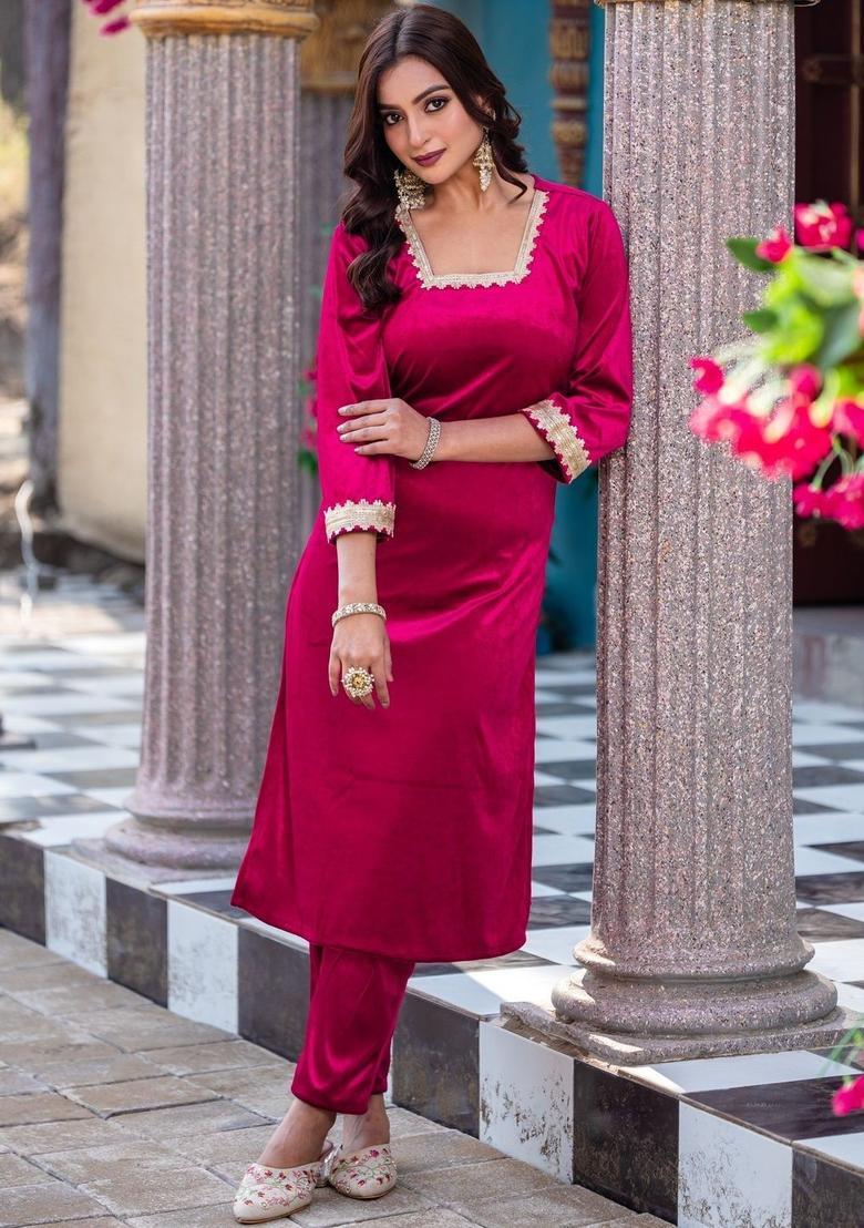 Pink Solid Velvet Kurta Set - Indya