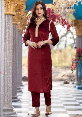Maroon Solid Velvet Kurta Set