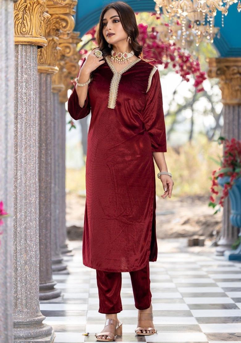 Maroon Solid Velvet Kurta Set - Indya