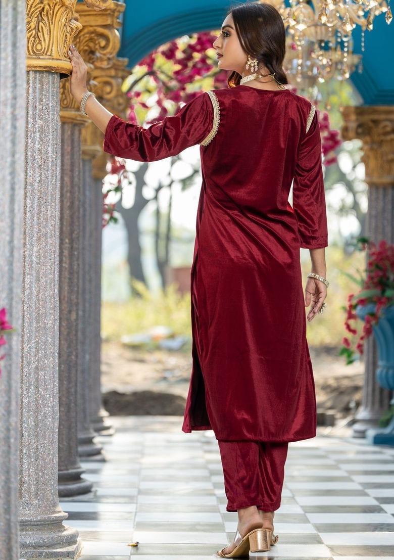 Maroon Solid Velvet Kurta Set - Indya