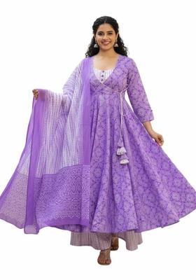 Purple Printed Silk Kurta Set