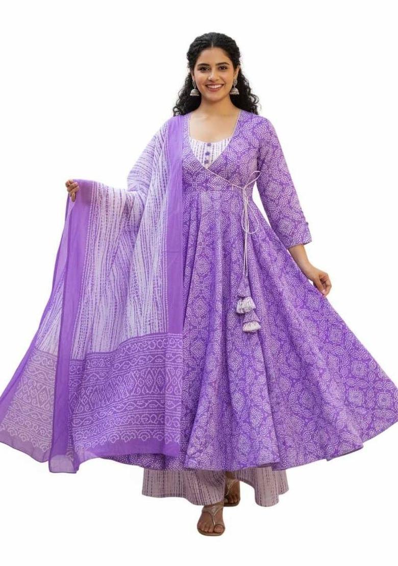 Purple Printed Silk Kurta Set - Indya