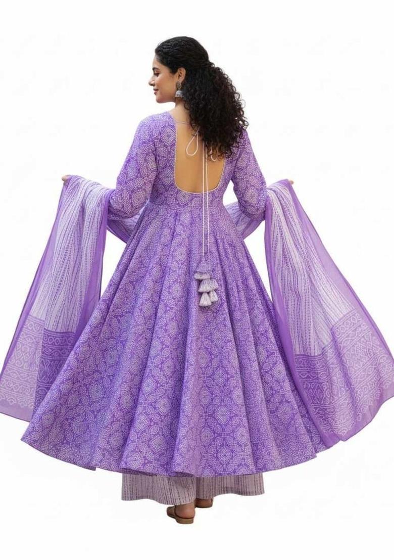 Purple Printed Silk Kurta Set - Indya