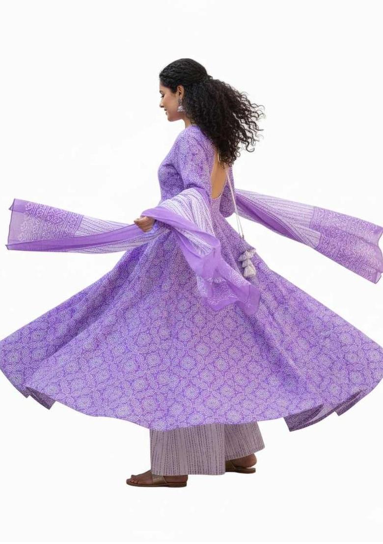 Purple Printed Silk Kurta Set - Indya