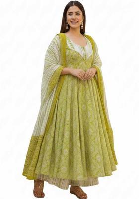 Lime Green Printed Silk Blend Kurta Set