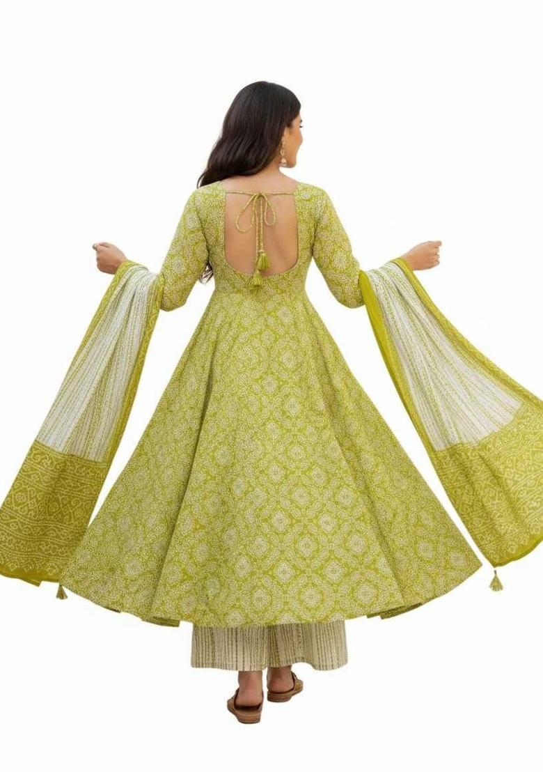 Lime Green Printed Silk Kurta Set - Indya
