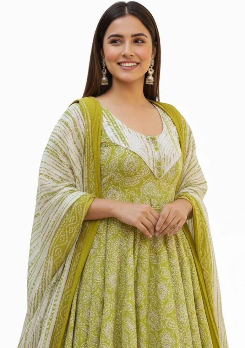 Lime Green Printed Silk Kurta Set - Indya