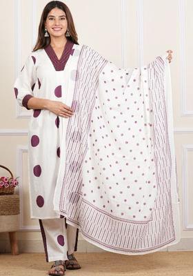 Off White Printed Cotton Kurta Set