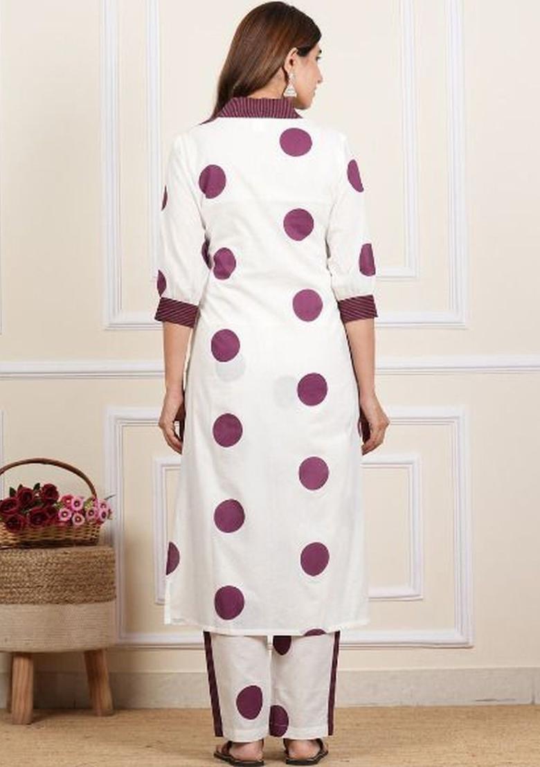Off White Printed Cotton Kurta Set - Indya
