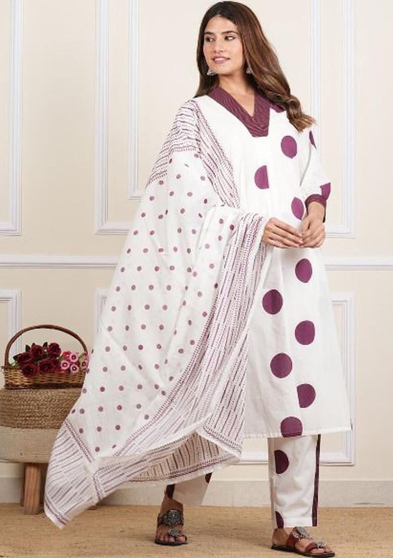 Off White Printed Cotton Kurta Set - Indya
