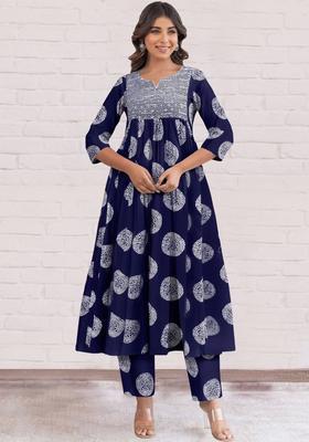 Navy Blue Printed Viscose Kurta Set
