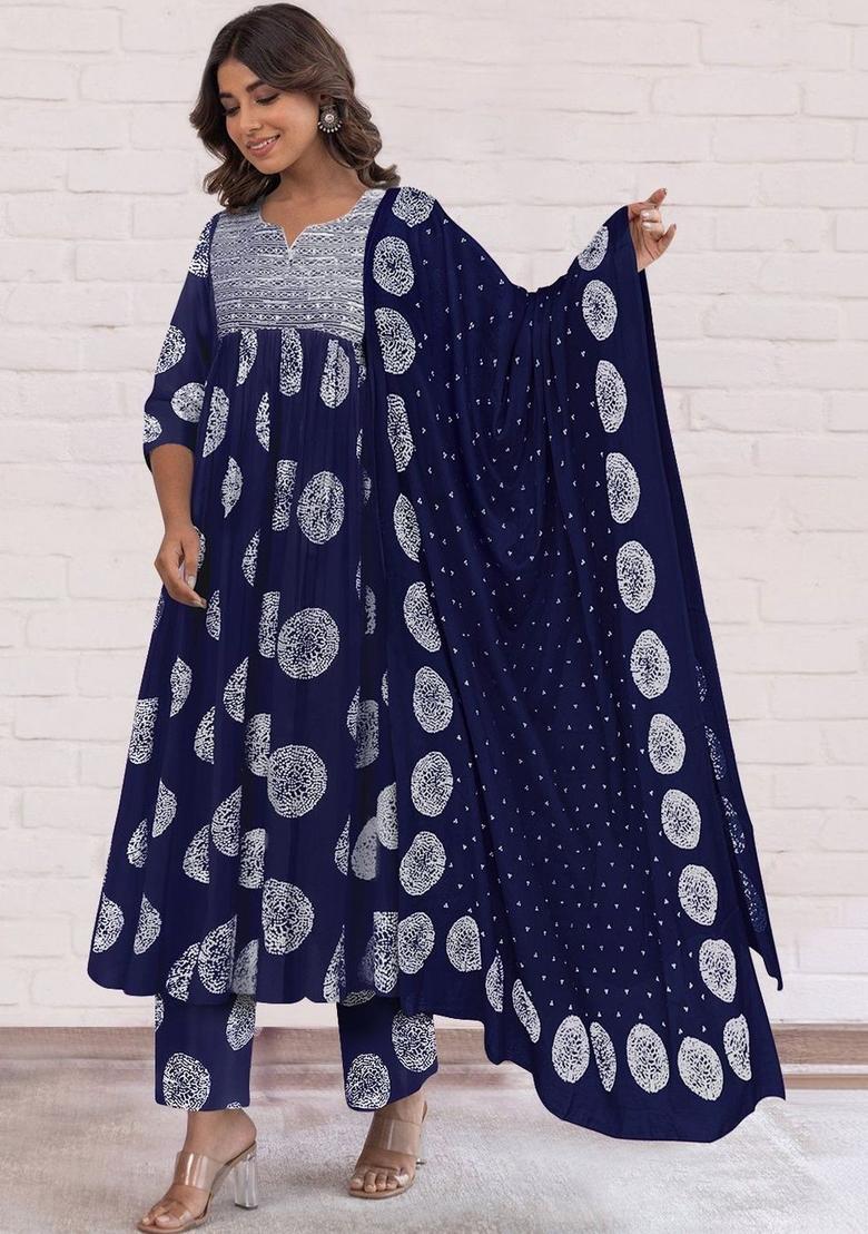 Navy Blue Printed Viscose Kurta Set - Indya