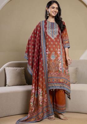 Orange Printed Silk Blend Kurta Set