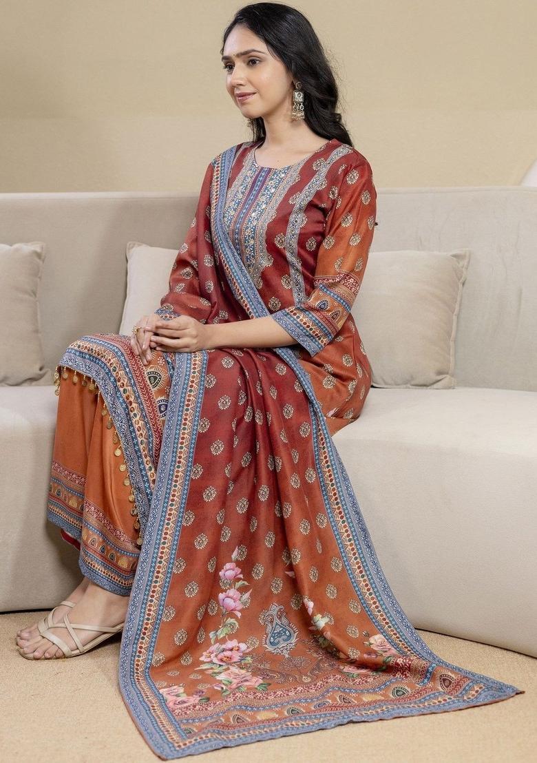 Orange Printed Silk Kurta Set - Indya