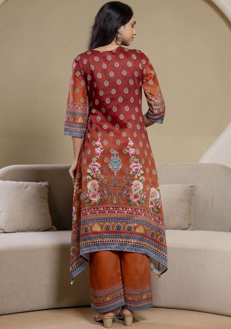 Orange Printed Silk Kurta Set - Indya