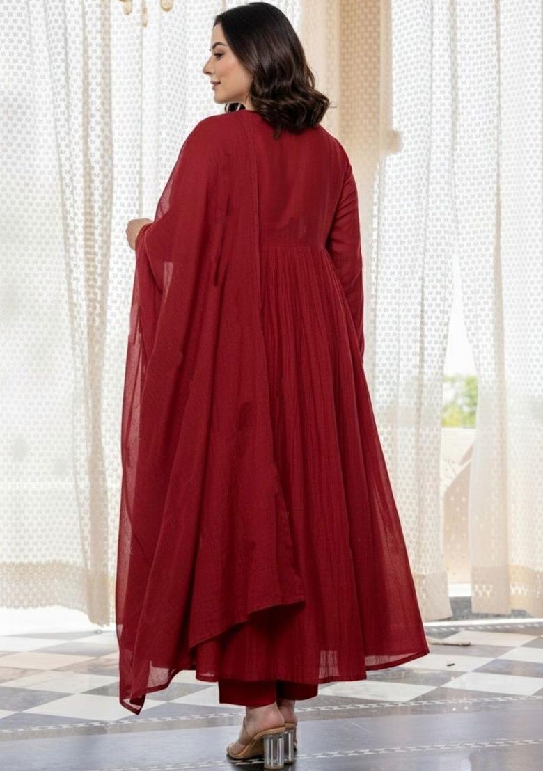 Maroon Embroidered Viscose Kurta Set - Indya