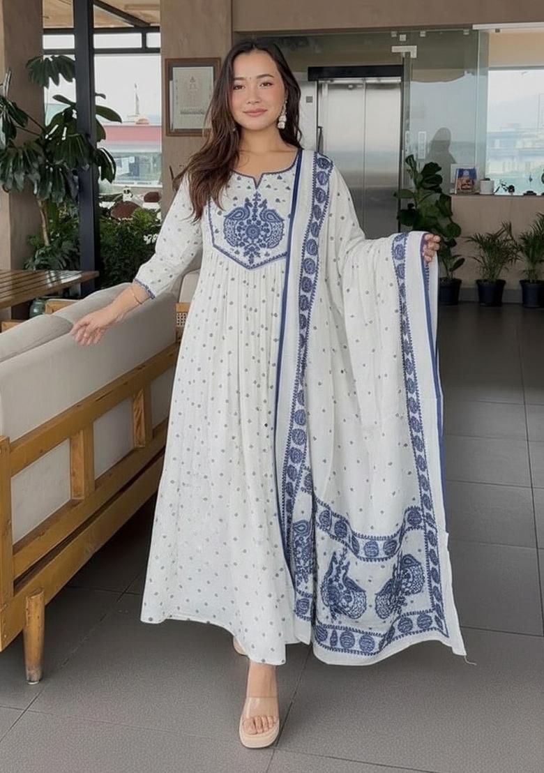 Off White Printed Viscose Kurta Set - Indya
