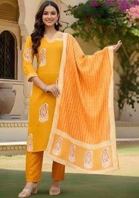 Yellow Printed Viscose Kurta Set