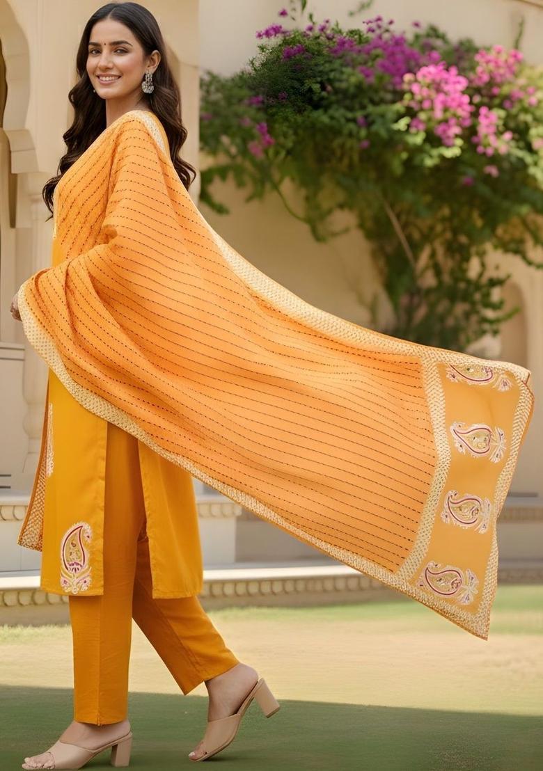 Yellow Printed Viscose Kurta Set - Indya