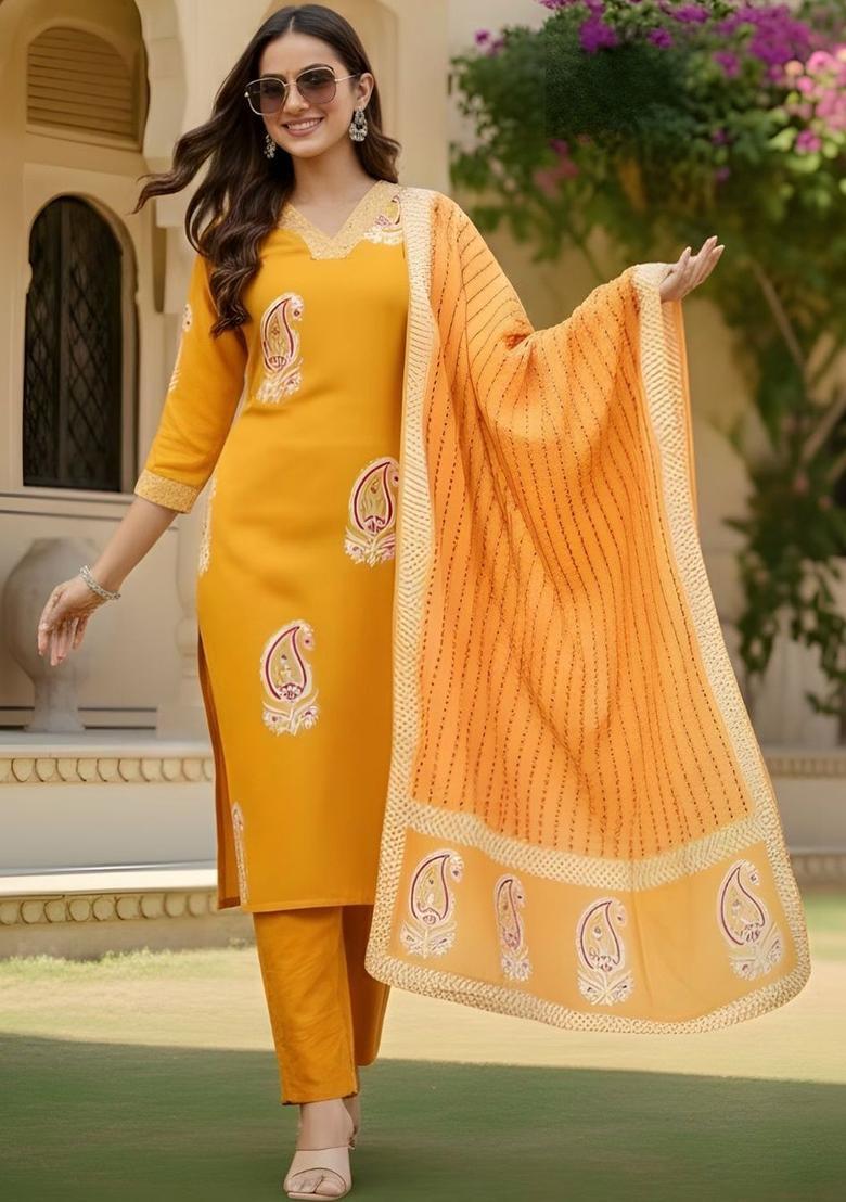 Yellow Printed Viscose Kurta Set - Indya