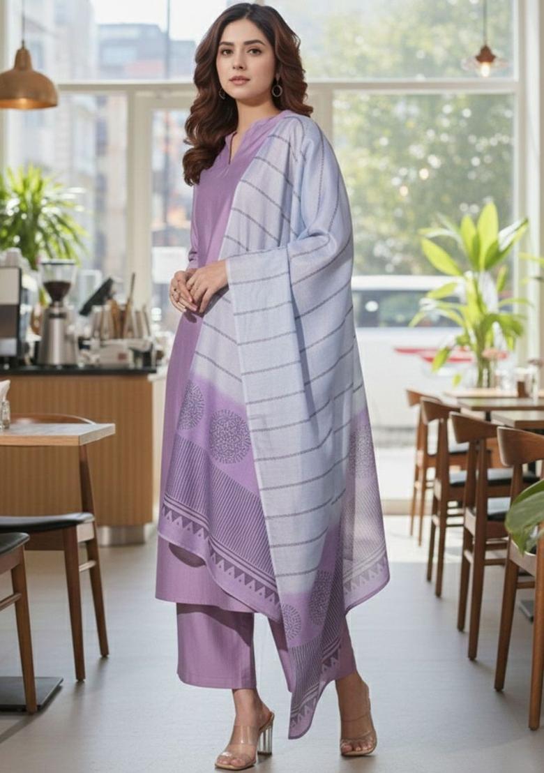 Lavender Solid Viscose Kurta Set - Indya