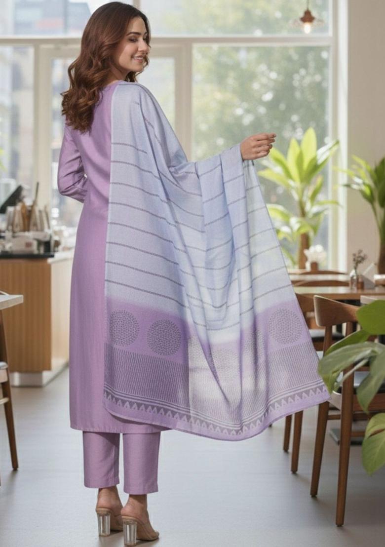 Lavender Solid Viscose Kurta Set - Indya