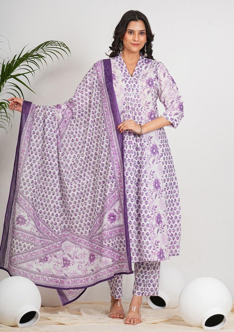 White Printed Cotton Kurta Set - Indya