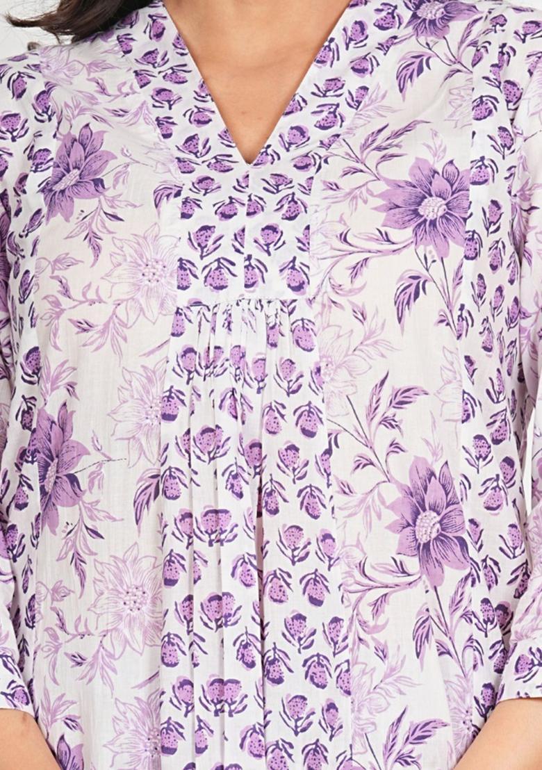 White Printed Cotton Kurta Set - Indya
