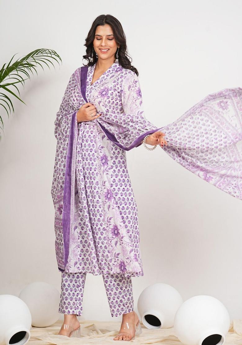 White Printed Cotton Kurta Set - Indya