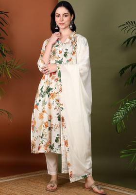 Off White Printed Cotton Kurta Set