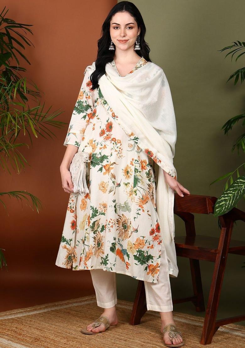 Off White Printed Cotton Kurta Set - Indya