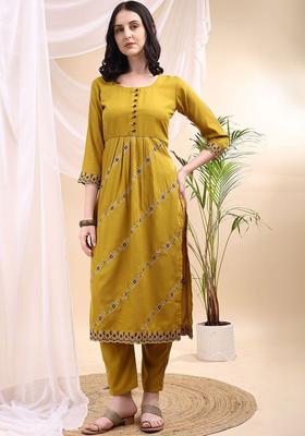 Mustard Embroidered Viscose Kurta Set