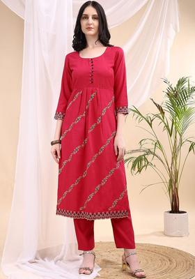 Red Embroidered Viscose Kurta Set