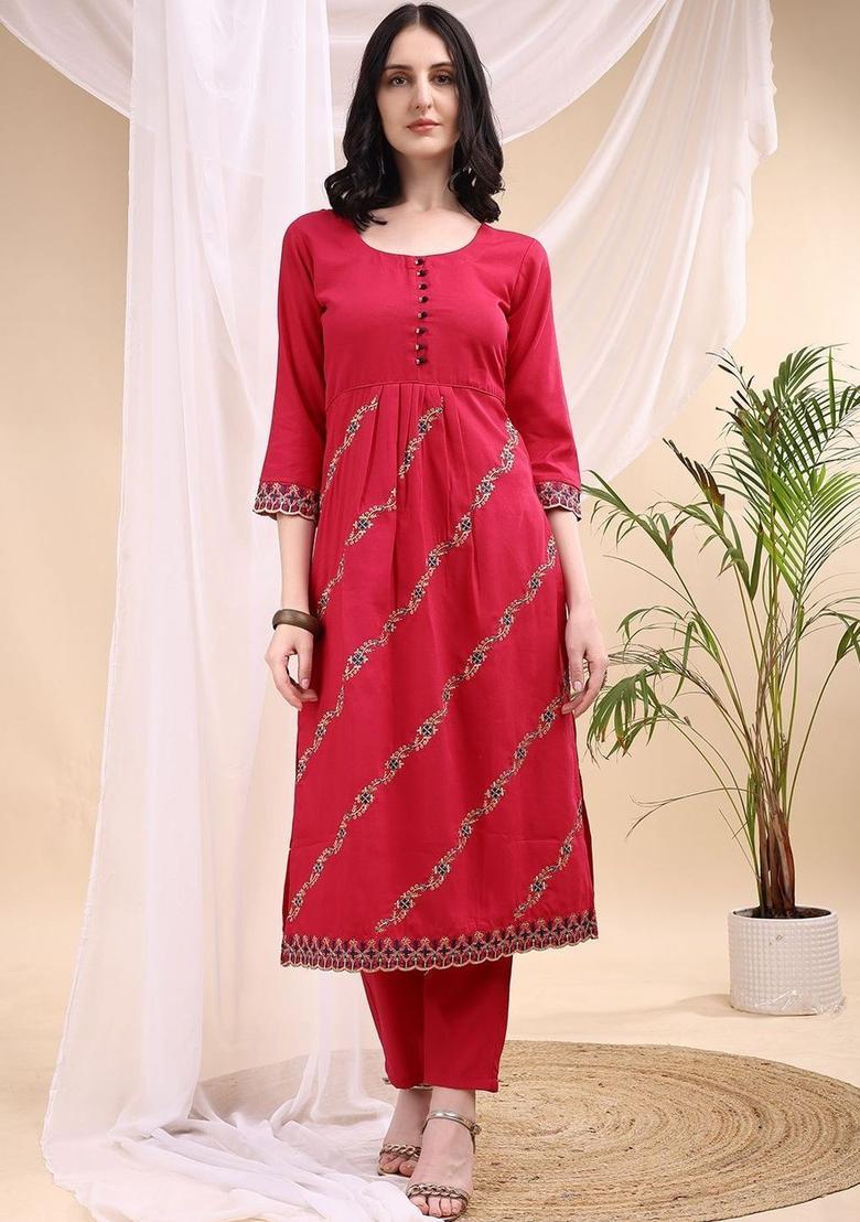 Red Embroidered Viscose Kurta Set - Indya