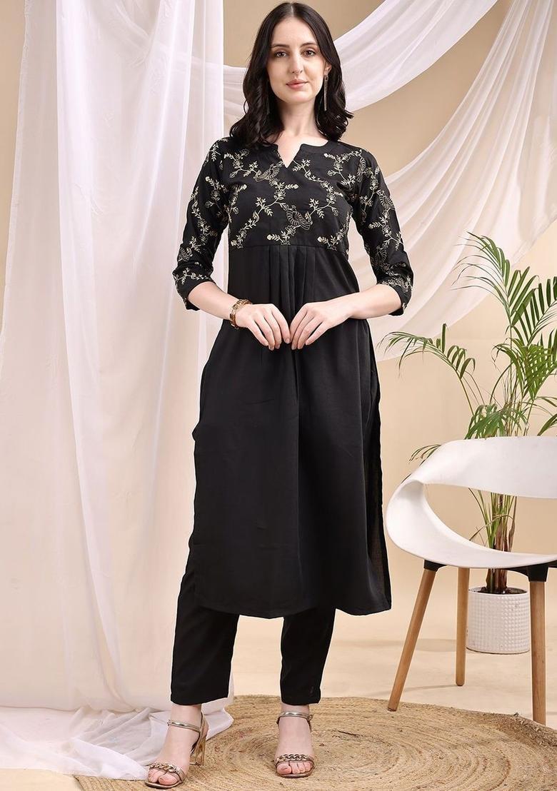 Black Embroidered Viscose Kurta Set - Indya