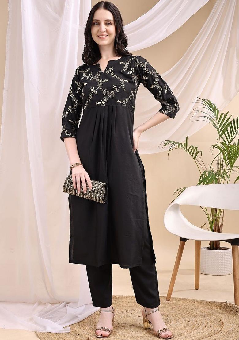 Black Embroidered Viscose Kurta Set - Indya