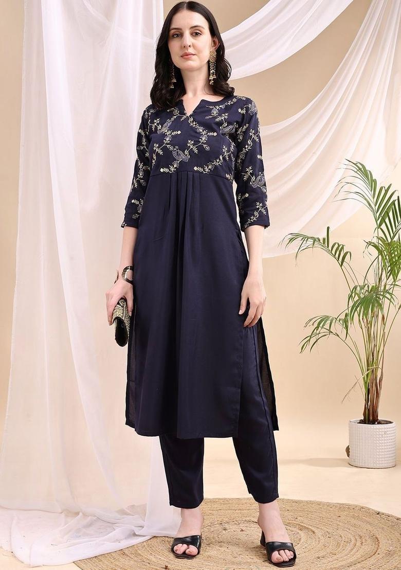 Navy Blue Embroidered Viscose Kurta Set - Indya