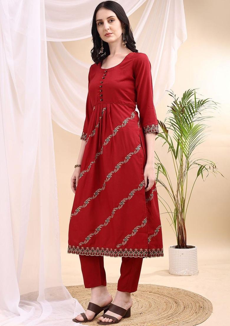Maroon Embroidered Viscose Kurta Set - Indya
