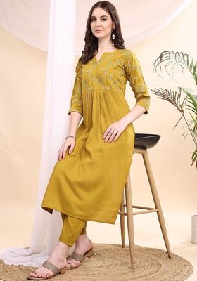 Mustard Embroidered Viscose Kurta Set