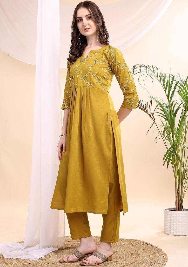 Mustard Embroidered Viscose Kurta Set - Indya