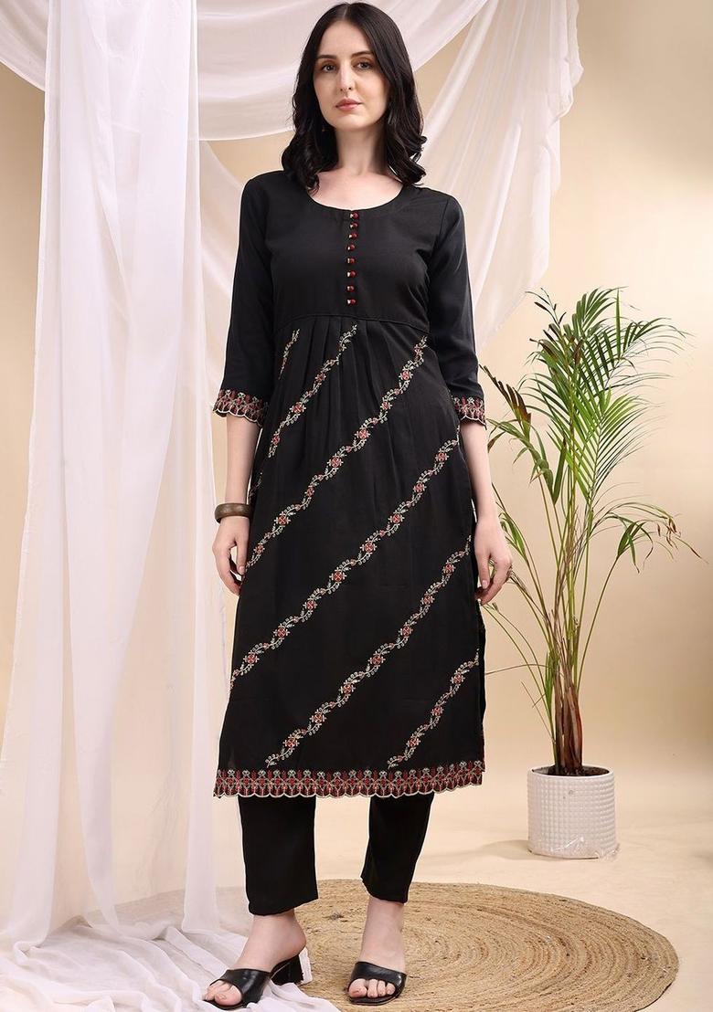 Black Embroidered Viscose Kurta Set - Indya