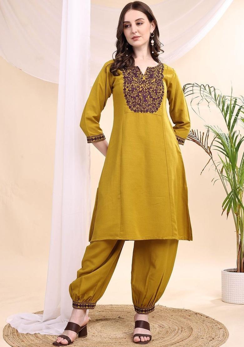 Olive Embroidered Viscose Kurta Set - Indya