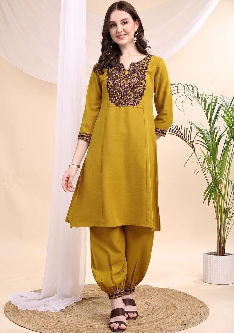 Olive Embroidered Viscose Kurta Set - Indya
